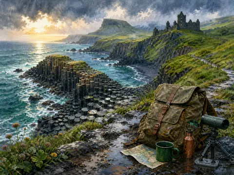 Hiking backpack, map, and mug resting on wet rocks above basalt sea columns and a coastal castle under a stormy sky.