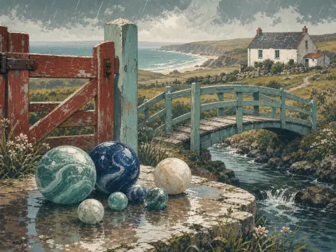 Swirled decorative marbles rest on wet stone beside a wooden footbridge and cottage on a rainy coast.