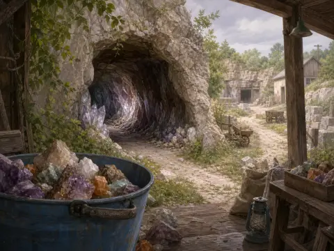 A blue tub filled with rough crystals on a wooden porch outside a cave entrance lined with purple gemstones.