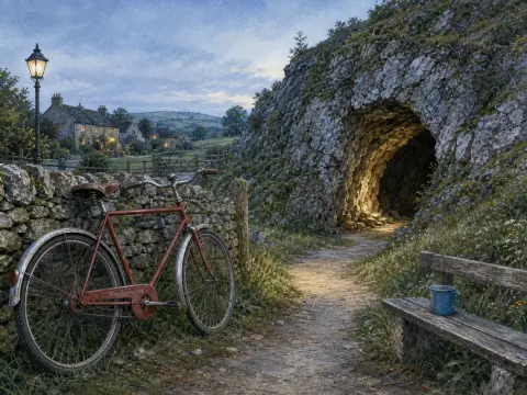 A vintage red bicycle rests by a stone wall next to a path entering a lit rocky cavern near a village.