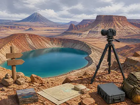 Camera on a tripod overlooking a turquoise volcanic crater lake surrounded by red desert mountains and mesas.