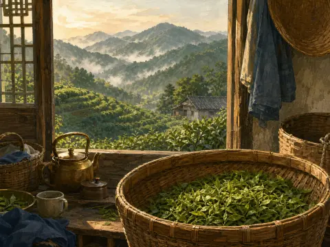Wicker baskets of fresh green tea leaves sit by an open window overlooking mist-covered mountain tea terraces.