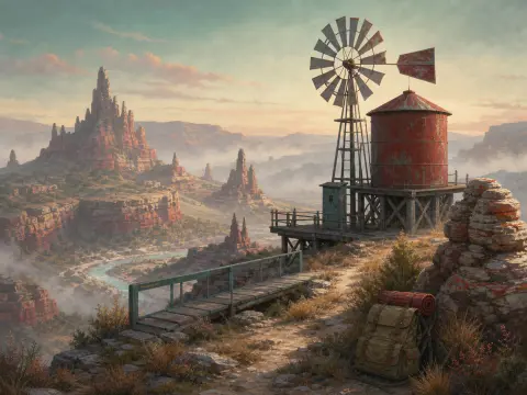 A windmill and red water tank overlook a misty canyon valley with a wooden bridge and hiker backpack on a ridge.