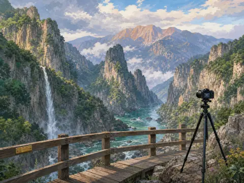 A camera on a tripod overlooking a rugged mountain gorge with a winding river and a tall waterfall.