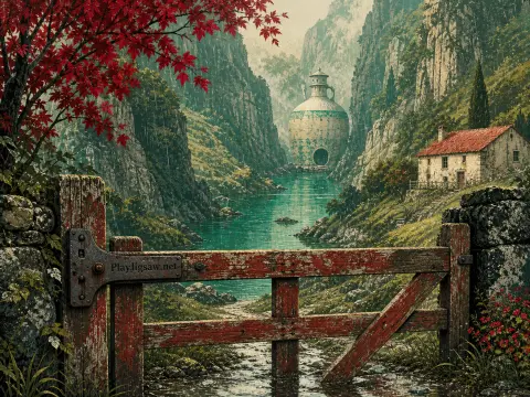Rustic red wooden gate framing a river valley with a small cottage, steep cliffs, and a giant urn in the distance.