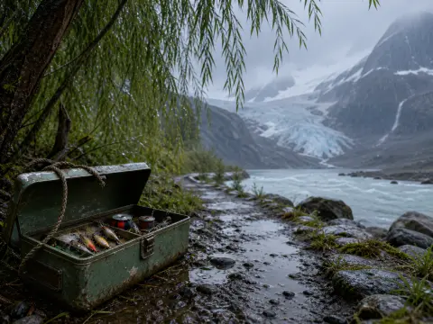 An open vintage tackle box with fishing lures sits on a wet riverbank with a glacier in the background.