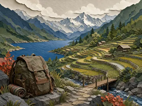 A traveler backpack rests on a rocky trail overlooking lush green terraced fields, a wooden bridge, and snowy mountains.