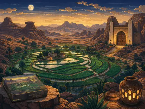Circular green terraced fields and cottages in a desert canyon at twilight beneath a full moon and stone fortress gate.