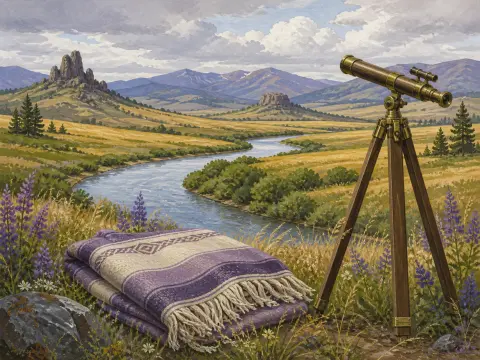 A brass telescope and folded purple blanket on a hillside overlook a winding river valley and distant mountains.