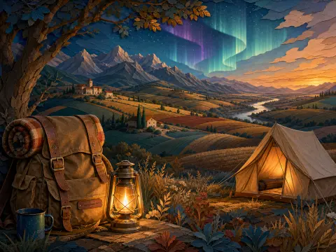A glowing camping tent and backpack overlook rolling hills, distant mountains, and vibrant northern lights in the sky.