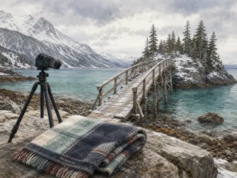A camera on a tripod and a folded blanket sit by a wooden bridge leading to a snowy island in a mountain lake.