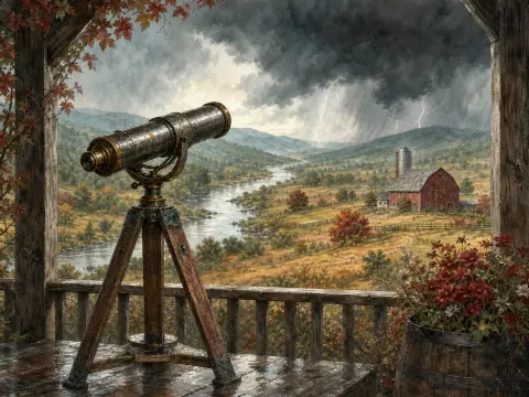 A vintage telescope on a wooden porch overlooks a winding river, rural farm, and approaching thunderstorm.
