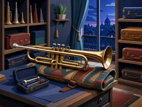 A polished brass trumpet rests on a patterned roll on a desk beside an open window overlooking a night cityscape.