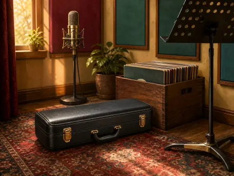 Black instrument case on an ornate rug in a warm music studio beside a microphone and a crate of vinyl records.