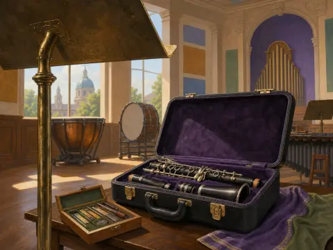Disassembled clarinet in a purple-lined case resting on a table in a grand music hall with percussion instruments.