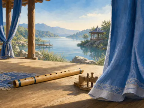 A long bamboo flute rests on a sunny wooden terrace overlooking a calm mountain lake and distant gazebo.