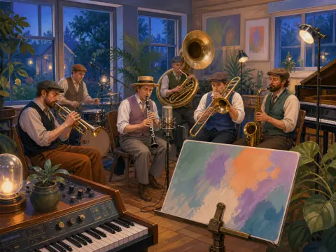 A vintage jazz band playing brass instruments, clarinet, and drums in a plant-filled room by evening windows.