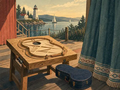 A guitar soundboard sits on a wooden workbench overlooking a coastal bay with a lighthouse and sailboats.