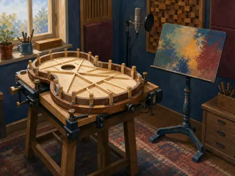 A guitar soundboard resting in a wooden mold on a workbench in a music studio beside a colorful music stand.