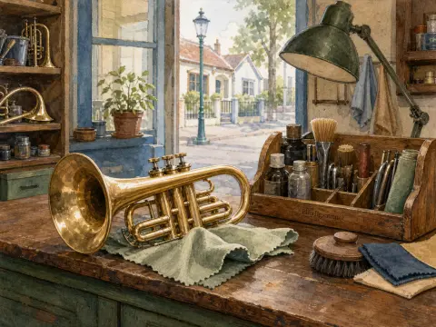 A polished brass horn rests on a cloth upon a wooden repair workbench beside an open window overlooking a street.