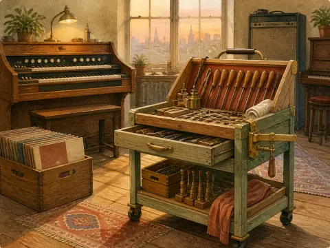 A rolling wooden tool cart filled with repair tools stands near an organ and sunny window in a music workshop.