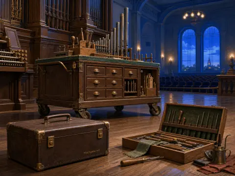 Organ repair workbench and tool kits on a stage floor before a pipe organ in an auditorium.