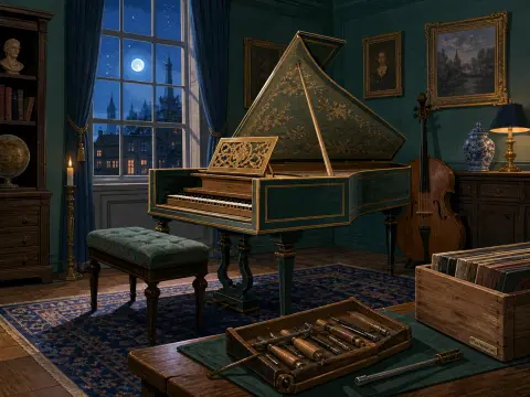 An ornate green and gold harpsichord sits in a classical study beside a large window showing a full moon over spires.