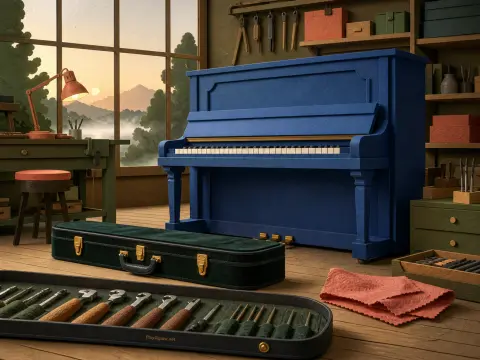 An upright blue piano standing in a workshop with tuning tool cases on the floor and a mountain view outside.