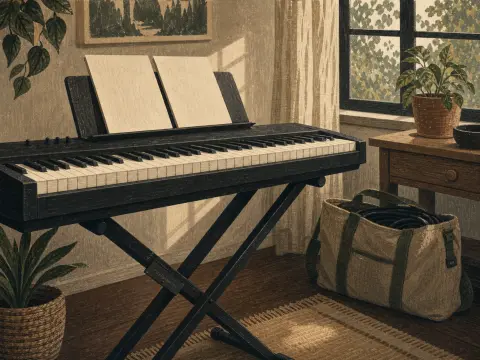 A black digital keyboard on an X-stand in a sunlit room beside houseplants, a canvas bag, and a window.