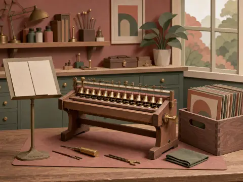 A miniature mechanical carillon with brass bells sits on a wooden workbench beside a music stand and hand tools.