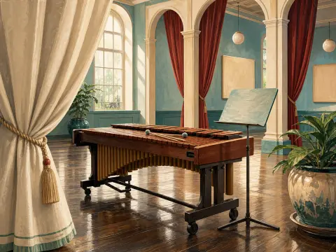 A wooden marimba with mallets and a music stand in an elegant hall with tall arches, red curtains, and polished floors.