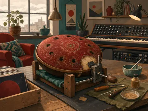 A decorated red handpan rests in a wooden clamp on a workbench in a cozy music studio with a vintage synthesizer.