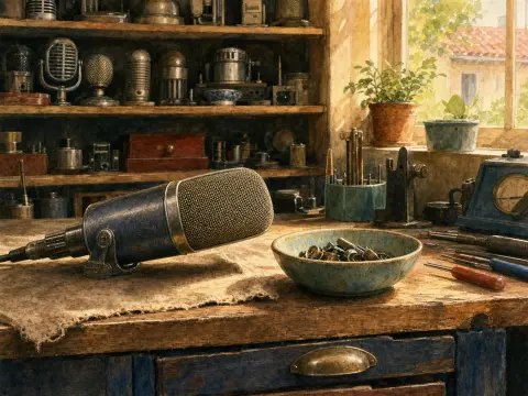 Vintage metal microphone resting on a wooden workbench beside a bowl of screws and workshop tools.
