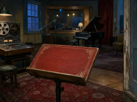 An ornate red music stand stands in a dim recording studio with a grand piano and vintage tape machine.