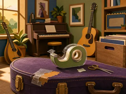A green tape dispenser and scissors sit on a worn purple guitar case in a warm papercraft music room.