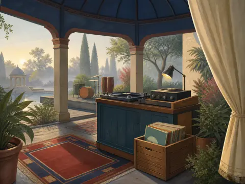 Vinyl turntable, audio equipment, and record crate inside an open stone pavilion overlooking a misty garden pond.
