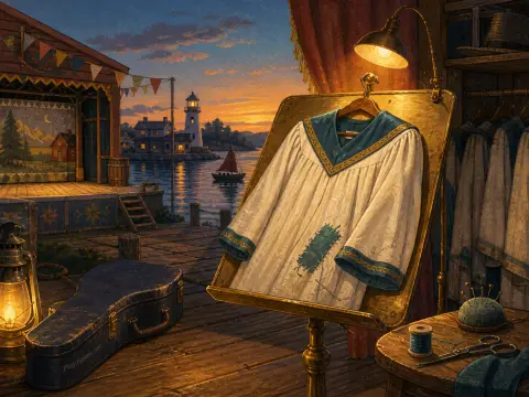 A choir robe being mended on a stand beside an outdoor theater stage overlooking a harbor and lighthouse at sunset.