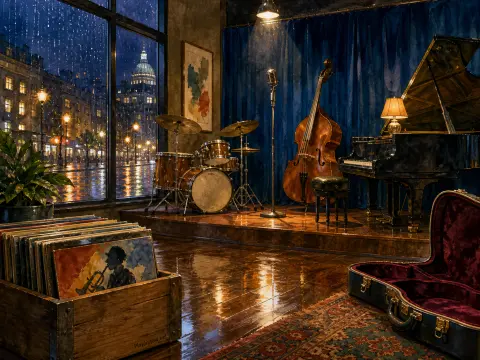 A cozy jazz lounge stage with instruments set before a large window looking out at a rainy city street.
