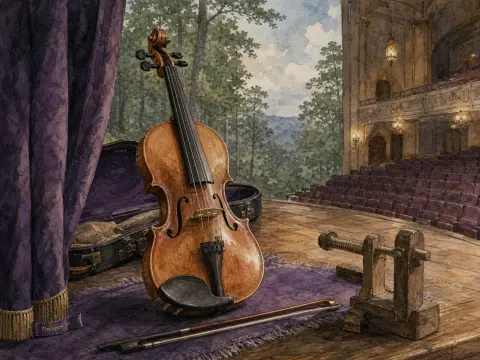 A polished violin and bow rest on a purple mat upon a wooden theater stage in front of empty auditorium seats.