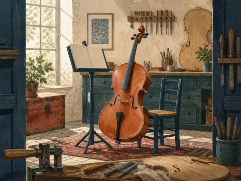 A varnished cello stands next to a music stand and blue chair in a sunlit woodcarver workshop.