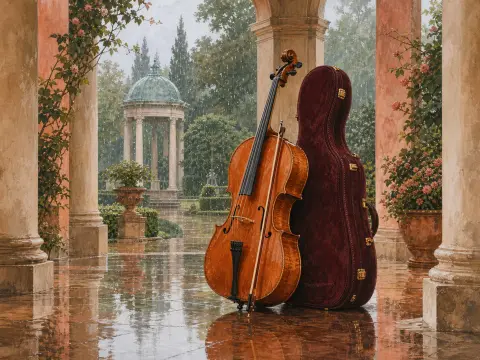 A wooden cello and burgundy case rest on a rain-slicked terrace overlooking a misty classical garden and gazebo.
