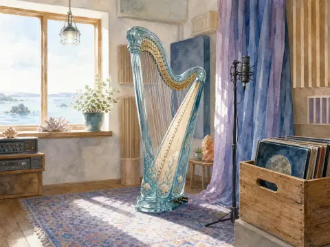 An ocean-themed blue harp standing in a sunny seaside music studio beside a microphone and window.