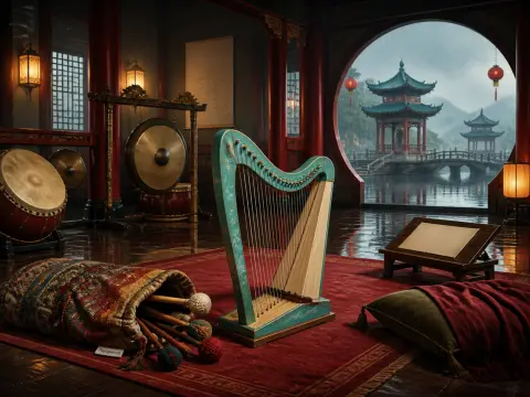 A teal wooden harp stands on a red rug inside a traditional pavilion overlooking pagodas on a rainy lake.
