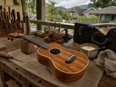 Handcrafted wooden ukulele resting on a rustic workbench with luthier tools on an open porch overlooking houses and hills.