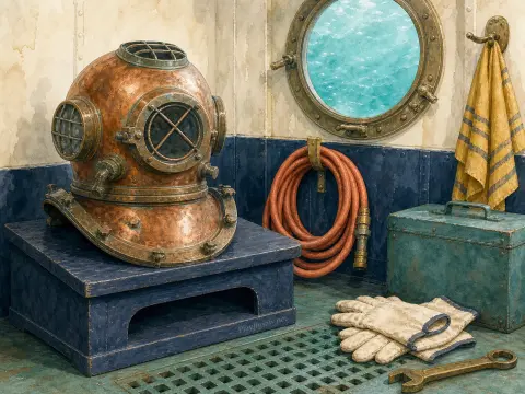Antique copper diving helmet and maritime gear on a ship deck near a porthole showing blue ocean water.