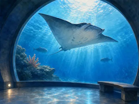 A large manta ray glides through sunlit blue water behind a massive arched viewing window in an aquarium gallery.
