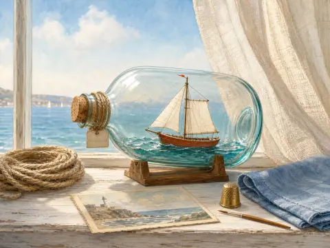 A ship in a glass bottle on a sunny windowsill beside a coiled rope, small painting, and breezy sea view.