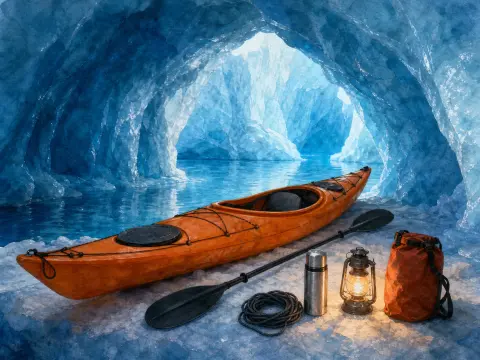 An orange kayak, paddle, coiled rope, thermos, and glowing lantern rest on ice inside an ocean glacier cave.