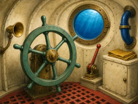 Inside an antique submarine with a teal steering wheel, red lever, and round porthole looking out into blue ocean water.