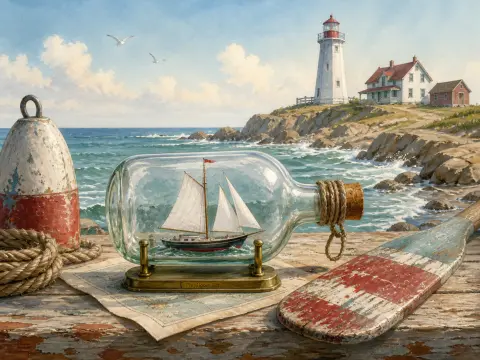 Ship in a glass bottle on a wooden ledge overlooking an ocean shoreline with a tall white lighthouse.